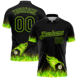 Custom Black Neon Green 3D Pattern Design Flame Billiards 8 Ball Performance Polo Shirt