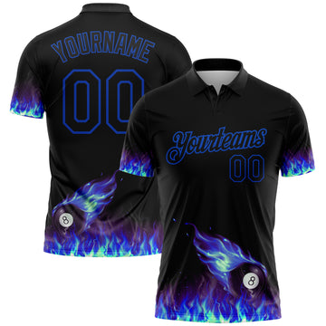 Custom Black Thunder Blue 3D Pattern Design Flame Billiards 8 Ball Performance Polo Shirt