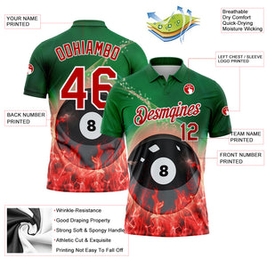 Custom Green Red-White 3D Pattern Design Flame Billiards 8 Ball Performance Polo Shirt