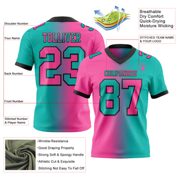 Custom Aqua Pink-Black Mesh Authentic Gradient Fashion Football Jersey