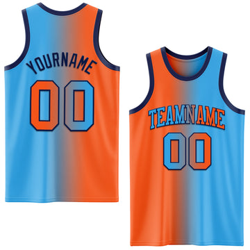 Custom Sky Blue Orange-Navy Authentic Gradient Fashion Basketball Jersey