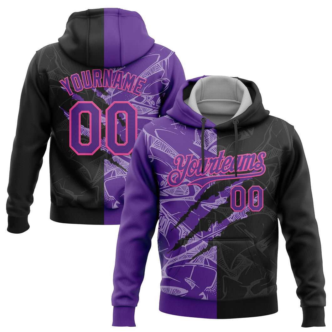 Custom Stitched Graffiti Pattern Black Purple-Pink 3D Scratch Sports Pullover Sweatshirt Hoodie