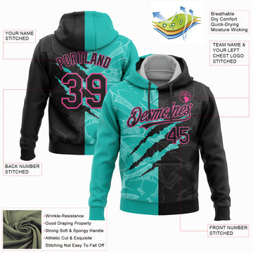 Custom Stitched Graffiti Pattern Black Aqua-Pink 3D Scratch Sports Pullover Sweatshirt Hoodie