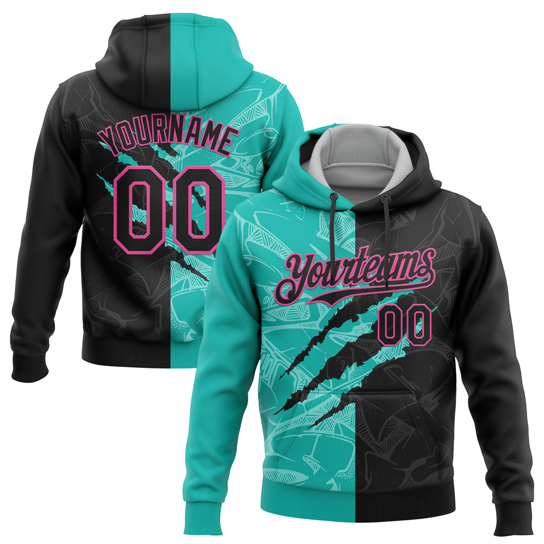 Custom Stitched Graffiti Pattern Black Aqua-Pink 3D Scratch Sports Pullover Sweatshirt Hoodie