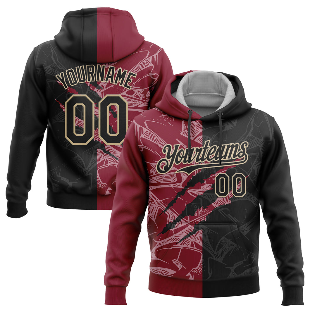 Custom Stitched Graffiti Pattern Black Crimson-City Cream 3D Scratch Sports Pullover Sweatshirt Hoodie