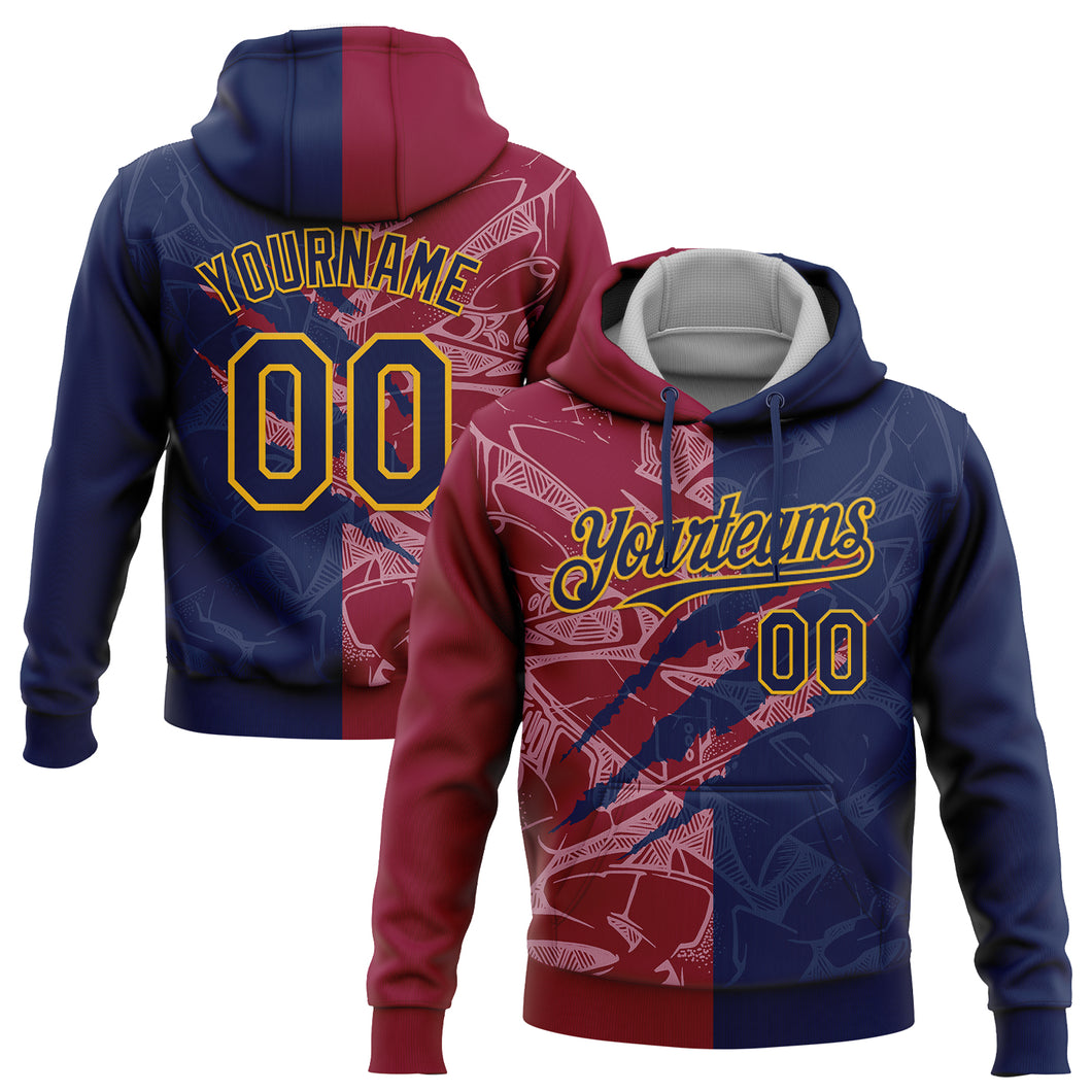 Custom Stitched Graffiti Pattern Navy Maroon-Gold 3D Scratch Sports Pullover Sweatshirt Hoodie