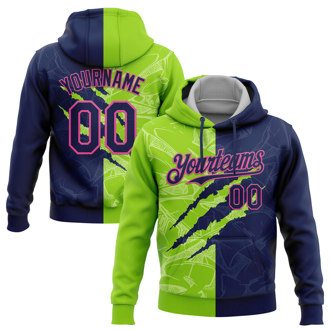 Custom Stitched Graffiti Pattern Navy Neon Green-Pink 3D Scratch Sports Pullover Sweatshirt Hoodie