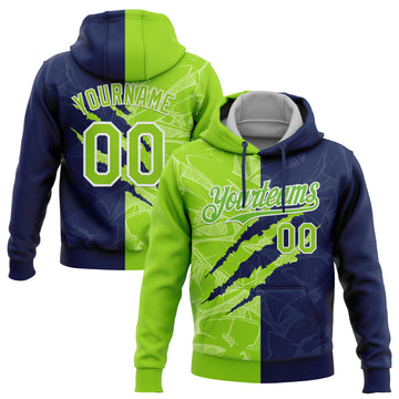 Custom Stitched Graffiti Pattern Neon Green-Navy 3D Scratch Sports Pullover Sweatshirt Hoodie