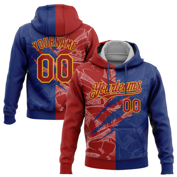 Custom Stitched Graffiti Pattern Red Royal-Gold 3D Scratch Sports Pullover Sweatshirt Hoodie