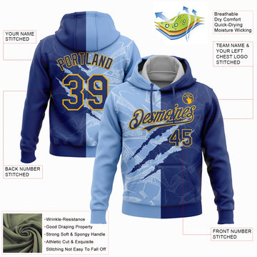 Custom Stitched Graffiti Pattern Royal Light Blue-Gold 3D Scratch Sports Pullover Sweatshirt Hoodie