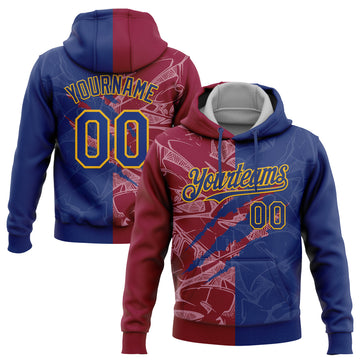 Custom Stitched Graffiti Pattern Royal Maroon-Gold 3D Scratch Sports Pullover Sweatshirt Hoodie