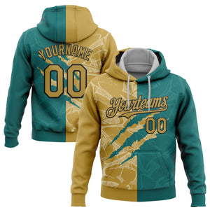 Custom Stitched Graffiti Pattern Old Gold Teal-Black 3D Scratch Sports Pullover Sweatshirt Hoodie