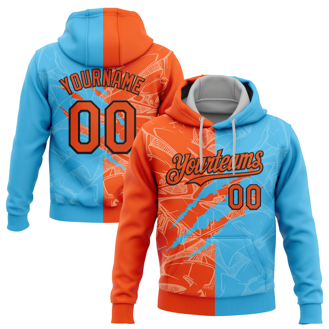 Custom Stitched Graffiti Pattern Orange Sky Blue-Black 3D Scratch Sports Pullover Sweatshirt Hoodie