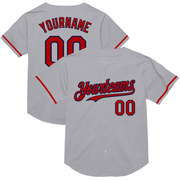 Custom Gray Red-Navy Mesh Authentic Throwback Baseball Jersey