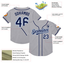 Load image into Gallery viewer, Custom Gray Navy-Light Blue Mesh Authentic Throwback Baseball Jersey
