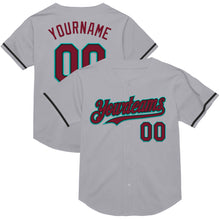 Load image into Gallery viewer, Custom Gray Crimson Black-Aqua Mesh Authentic Throwback Baseball Jersey
