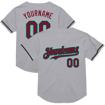 Custom Gray Crimson Black-Aqua Mesh Authentic Throwback Baseball Jersey