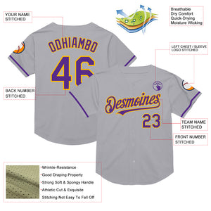 Custom Gray Purple-Gold Mesh Authentic Throwback Baseball Jersey