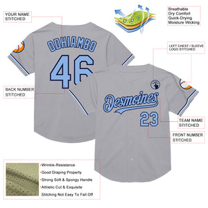 Custom Gray Light Blue-Navy Mesh Authentic Throwback Baseball Jersey