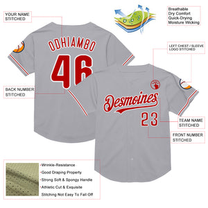 Custom Gray Red-White Mesh Authentic Throwback Baseball Jersey