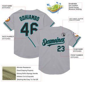 Custom Gray Black-Teal Mesh Authentic Throwback Baseball Jersey