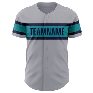 Custom Gray Navy-Teal Authentic Baseball Jersey