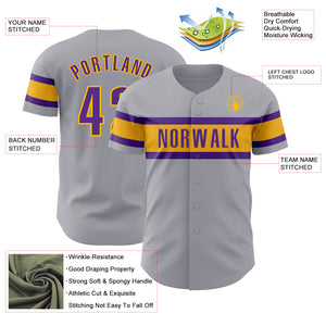 Custom Gray Purple-Gold Authentic Baseball Jersey