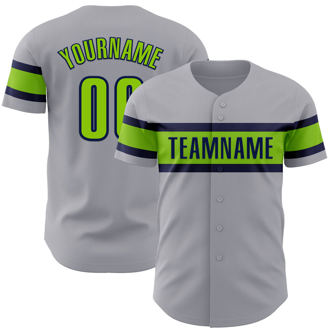 Custom Gray Neon Green-Navy Authentic Baseball Jersey