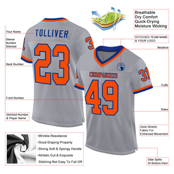 Custom Gray Orange-Royal Mesh Authentic Throwback Football Jersey