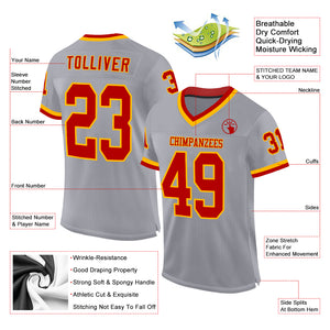 Custom Gray Red-Gold Mesh Authentic Throwback Football Jersey