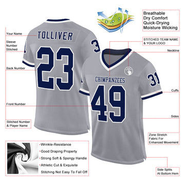 Custom Gray Navy-White Mesh Authentic Throwback Football Jersey