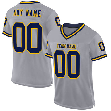 Custom Gray Navy-Gold Mesh Authentic Throwback Football Jersey