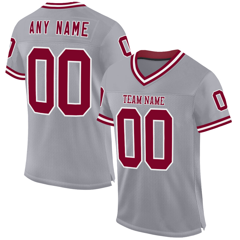 Custom Gray Maroon-White Mesh Authentic Throwback Football Jersey