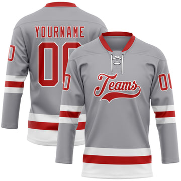 Custom Gray Red-White Hockey Lace Neck Jersey