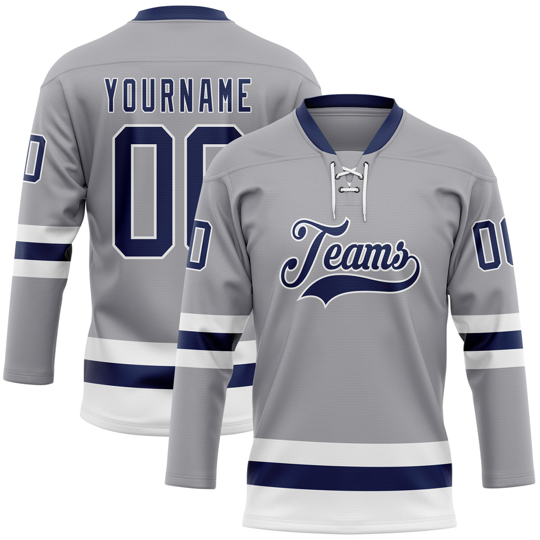 Custom Gray Navy-White Hockey Lace Neck Jersey