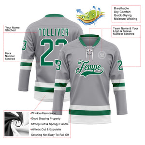 Custom Gray Kelly Green-White Hockey Lace Neck Jersey