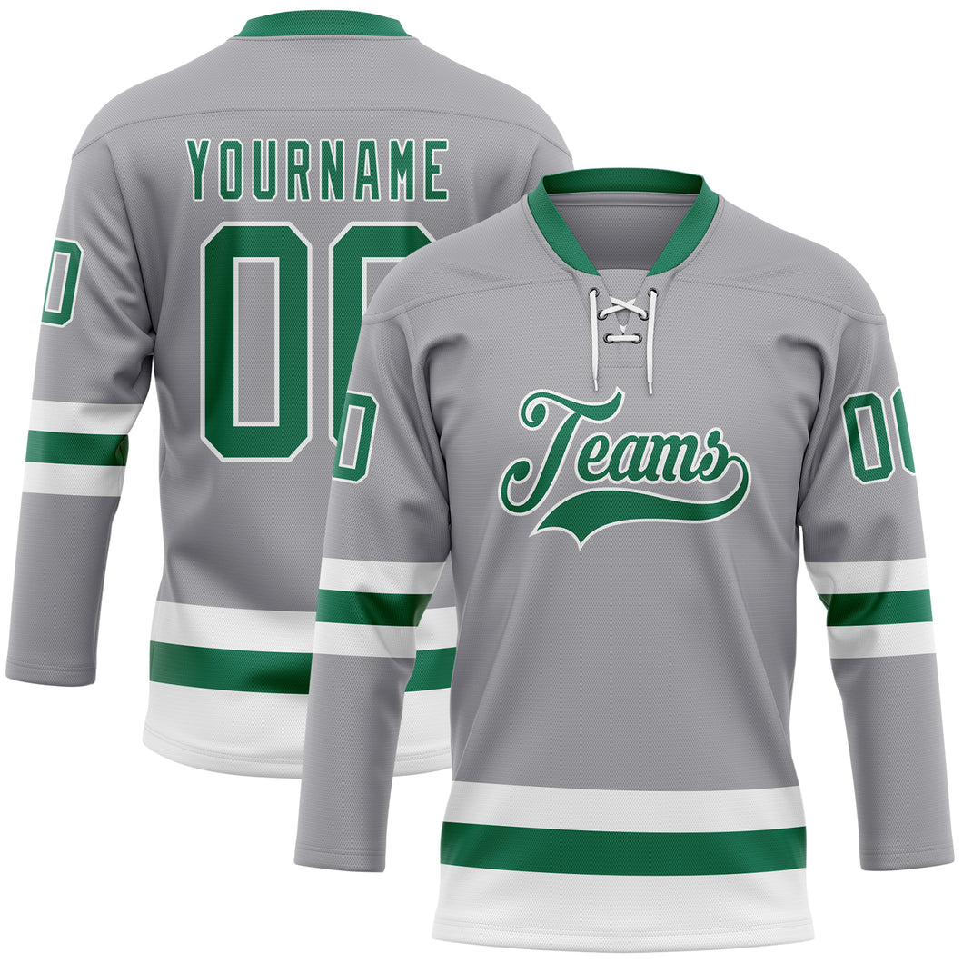 Custom Gray Kelly Green-White Hockey Lace Neck Jersey