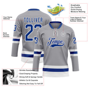 Custom Gray Royal-White Hockey Lace Neck Jersey