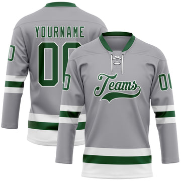 Custom Gray Green-White Hockey Lace Neck Jersey