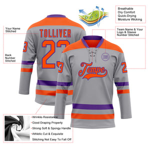 Custom Gray Orange-Purple Hockey Lace Neck Jersey