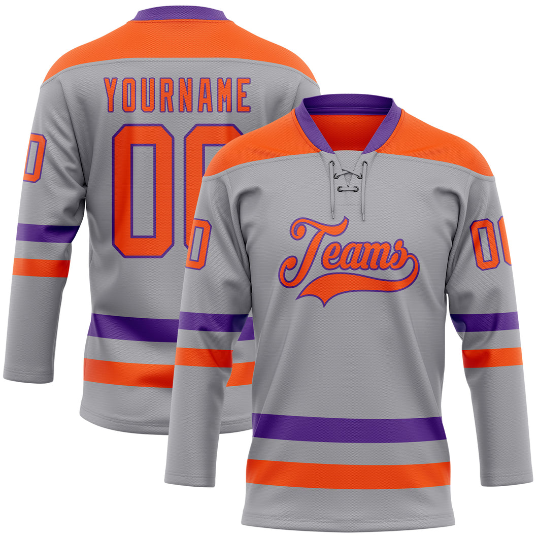 Custom Gray Orange-Purple Hockey Lace Neck Jersey