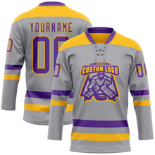 Load image into Gallery viewer, Custom Gray Purple-Gold Hockey Lace Neck Jersey
