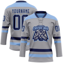 Загрузить изображение в средство просмотра галереи, Custom Gray Navy-Light Blue Hockey Lace Neck Jersey
