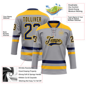 Custom Gray Navy-Gold Hockey Lace Neck Jersey