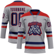 Загрузить изображение в средство просмотра галереи, Custom Gray Navy-Red Hockey Lace Neck Jersey
