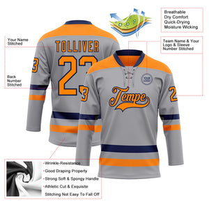 Custom Gray Bay Orange-Navy Hockey Lace Neck Jersey