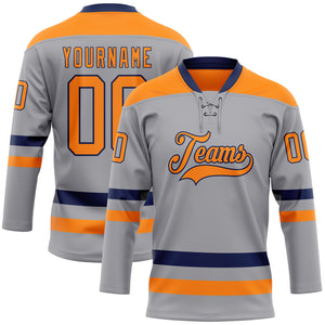 Custom Gray Bay Orange-Navy Hockey Lace Neck Jersey