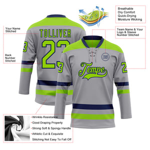 Custom Gray Neon Green-Navy Hockey Lace Neck Jersey