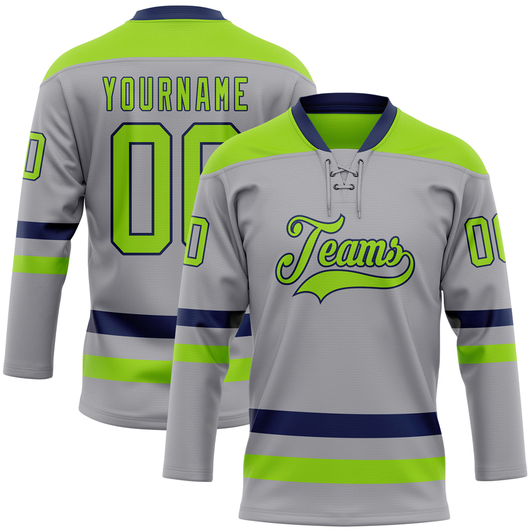 Custom Gray Neon Green-Navy Hockey Lace Neck Jersey