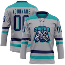 Загрузить изображение в средство просмотра галереи, Custom Gray Navy-Teal Hockey Lace Neck Jersey
